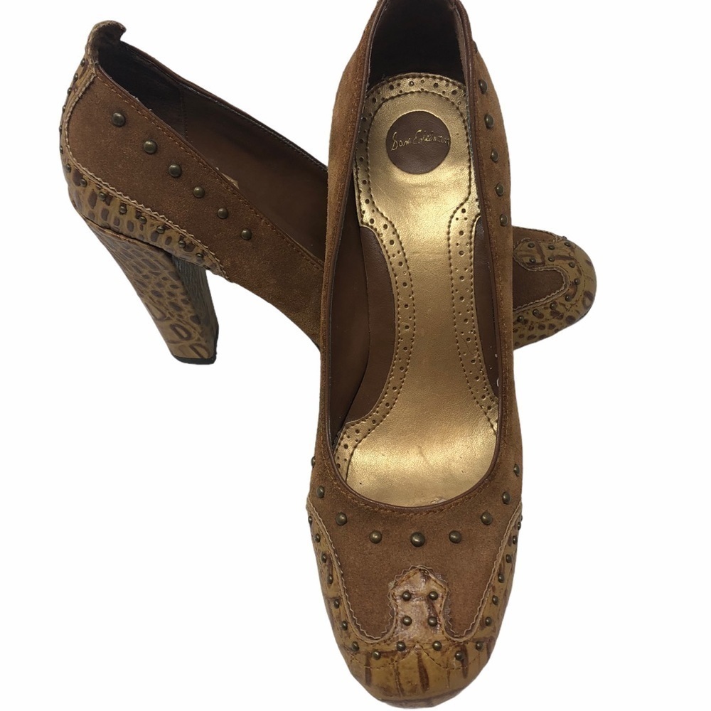 Sam Edelman Studded Snake Print Pinup Brown Suede Heels 60’s‎ Vibe Women’s 8.5